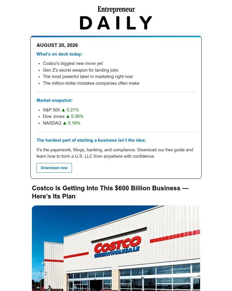 Screenshot of email sent to a Entrepreneur Newsletter subscriber