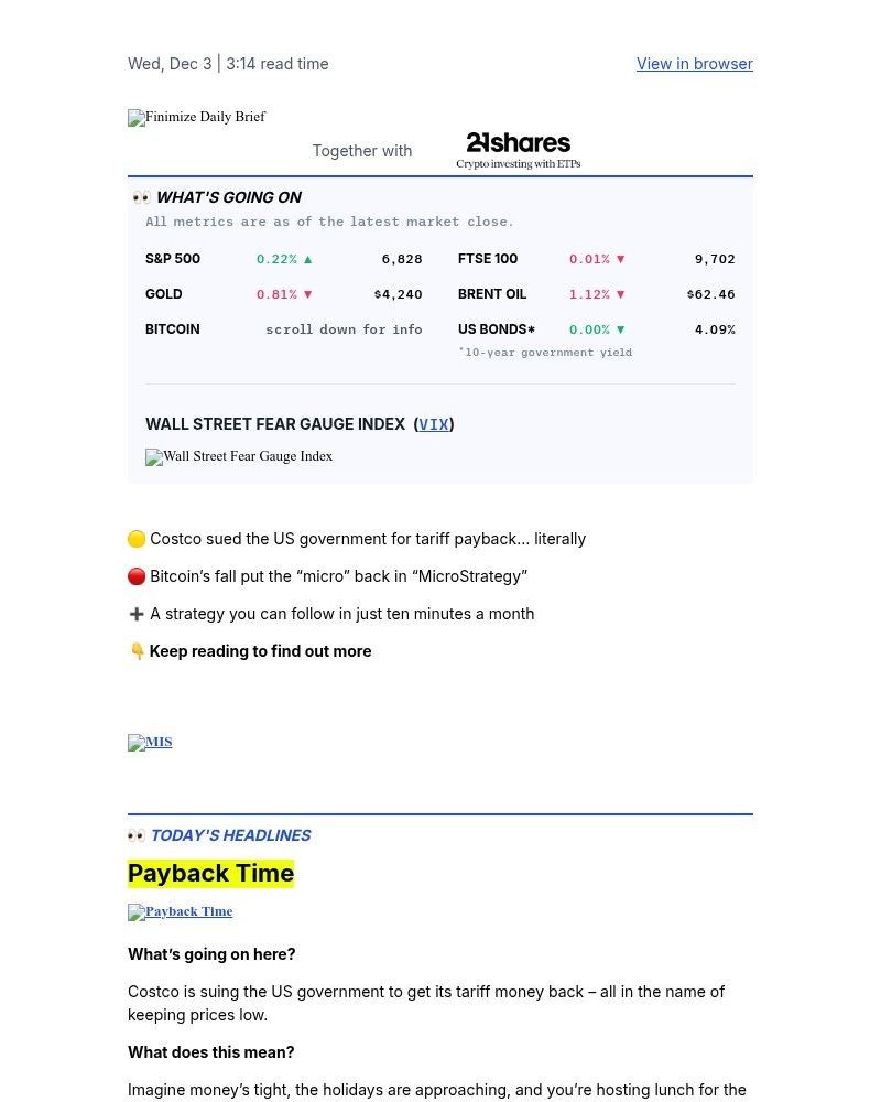 Screenshot of email sent to a Finimize Registered user