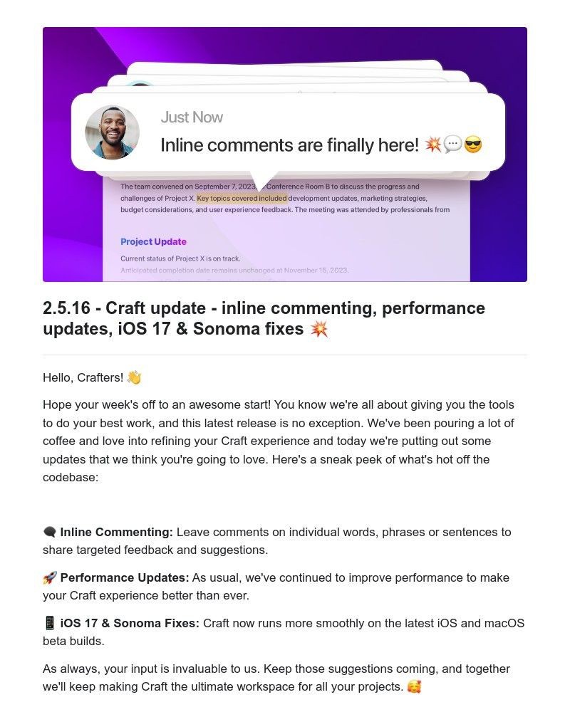 Screenshot of email with subject /media/emails/craft-update-inline-commenting-performance-updates-ios-17-sonoma-fixes-3ee254-cro_xAKixtO.jpg