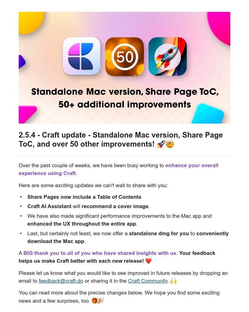 Screenshot of email with subject /media/emails/craft-update-standalone-mac-version-share-page-toc-and-over-50-other-improvements_imKLJYn.jpg