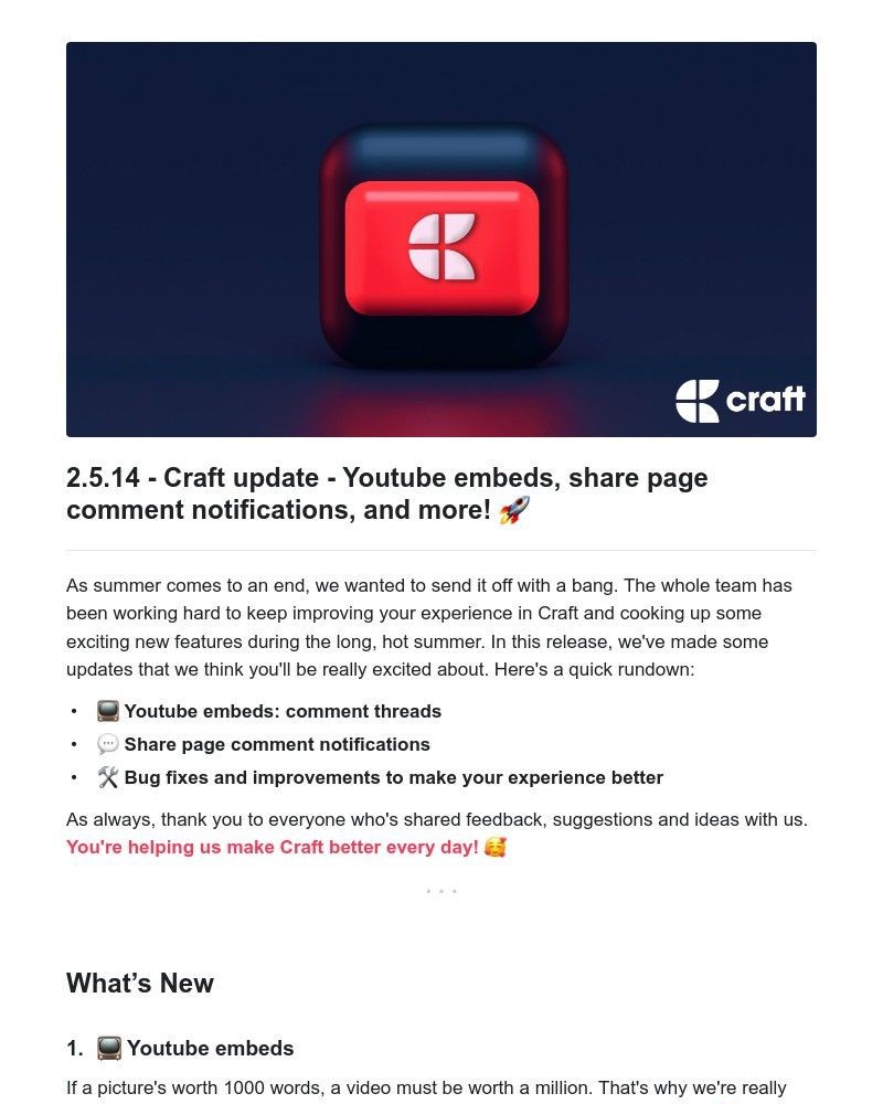 Screenshot of email with subject /media/emails/craft-update-youtube-embeds-share-page-comment-notifications-and-more-d3709c-crop_nve6TWI.jpg