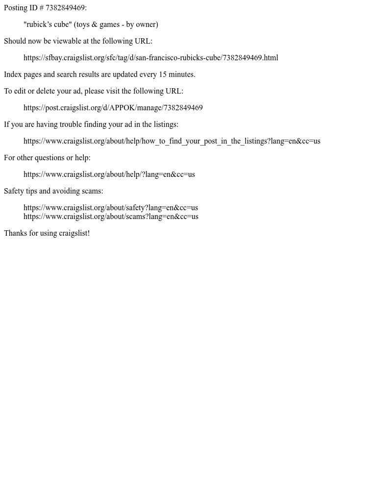 Screenshot of email sent to a Craigslist Registered user