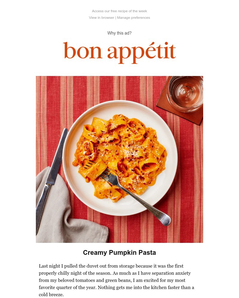 Screenshot of email sent to a Bon Appétit Newsletter subscriber