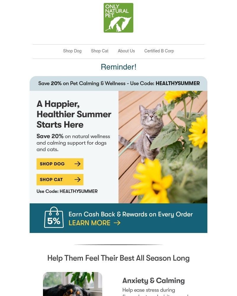 Screenshot of email sent to a Only Natural Pet Newsletter subscriber