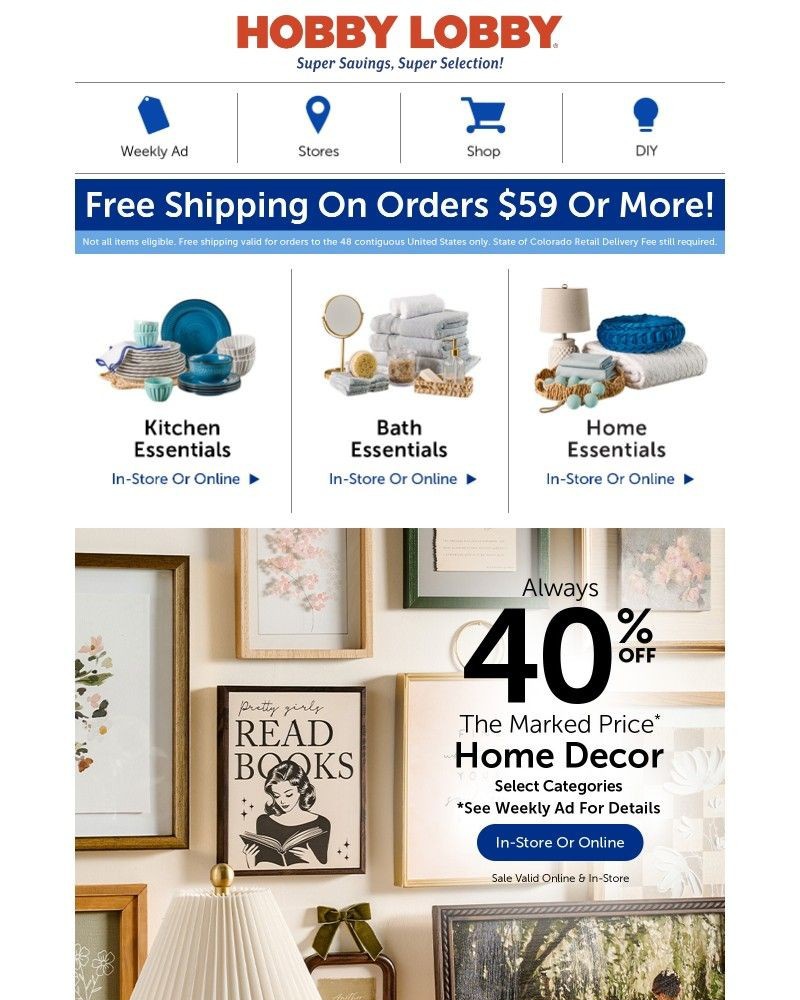 Screenshot of email sent to a Hobby Lobby Newsletter subscriber