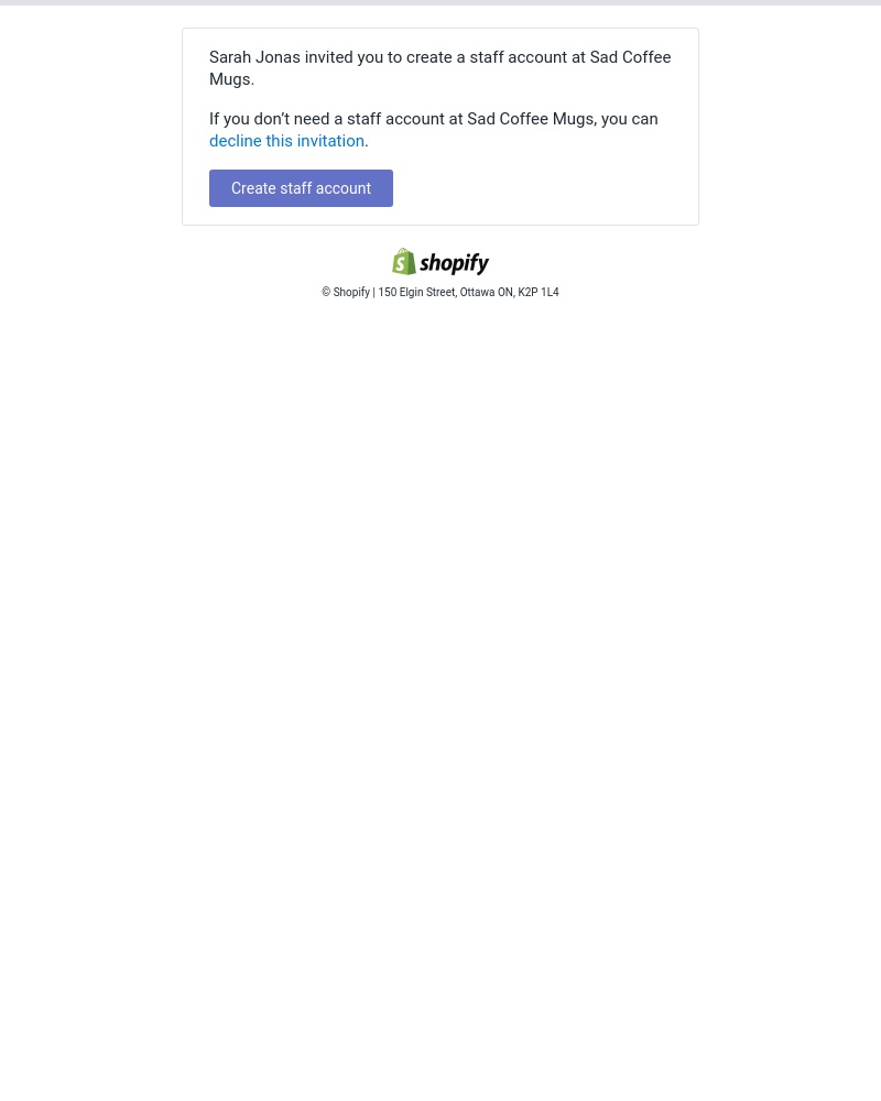 Screenshot of email sent to a Shopify Invited user
