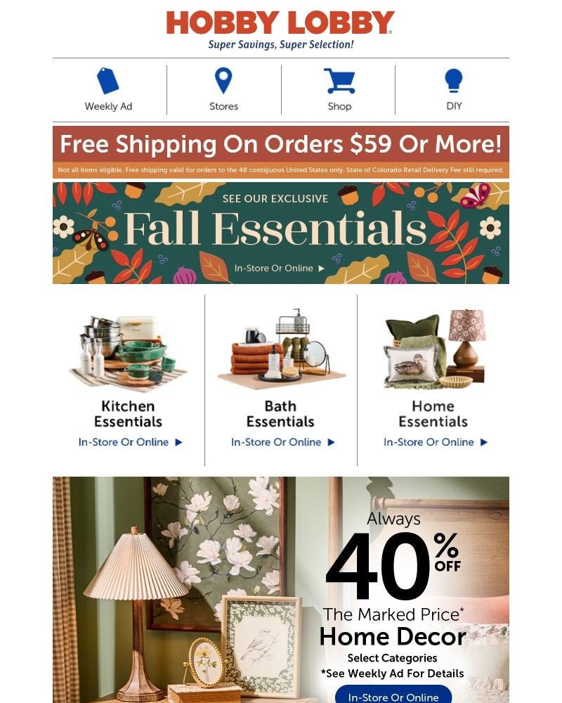 Screenshot of email sent to a Hobby Lobby Newsletter subscriber