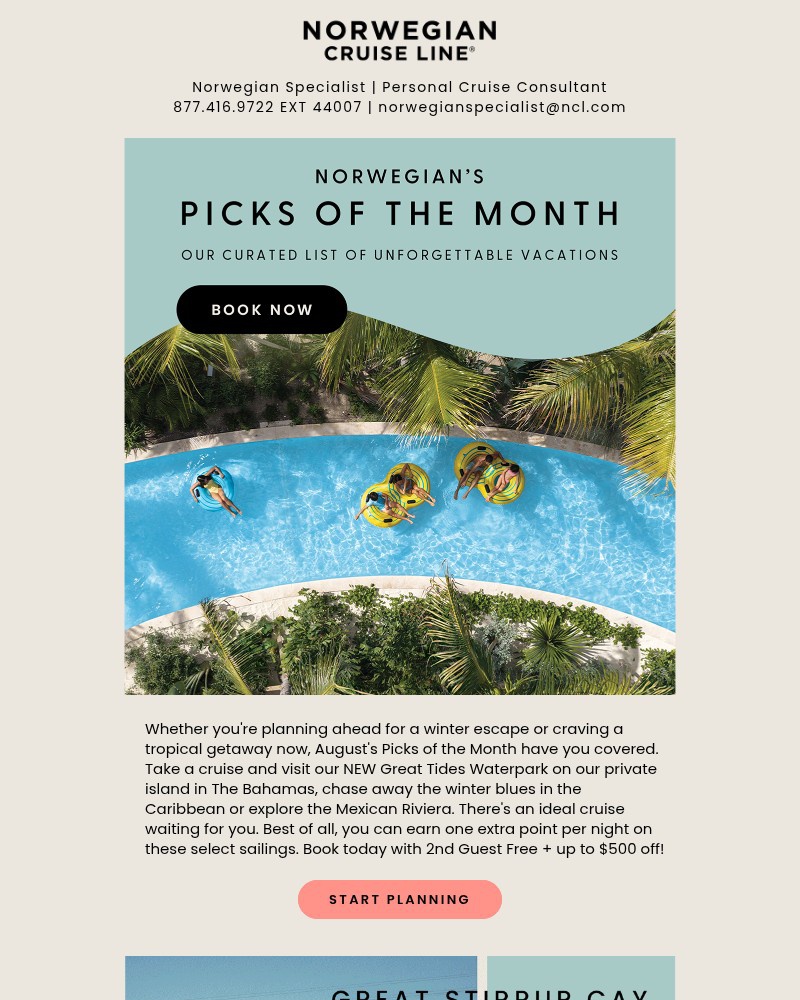 Screenshot of email sent to a Norwegian Cruise Line Newsletter subscriber