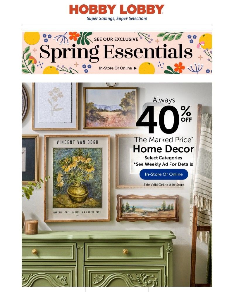 Screenshot of email sent to a Hobby Lobby Newsletter subscriber