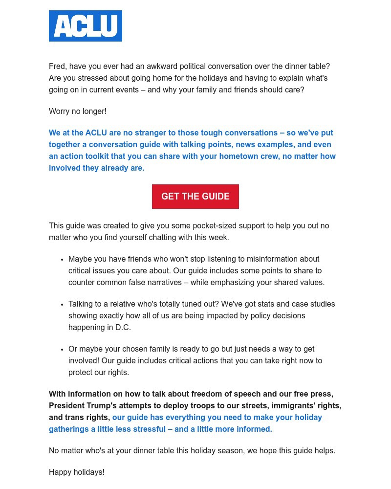 Screenshot of email sent to a American Civil Liberties Union Newsletter subscriber