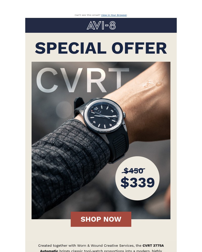 Screenshot of email sent to a AVI-8 Newsletter subscriber