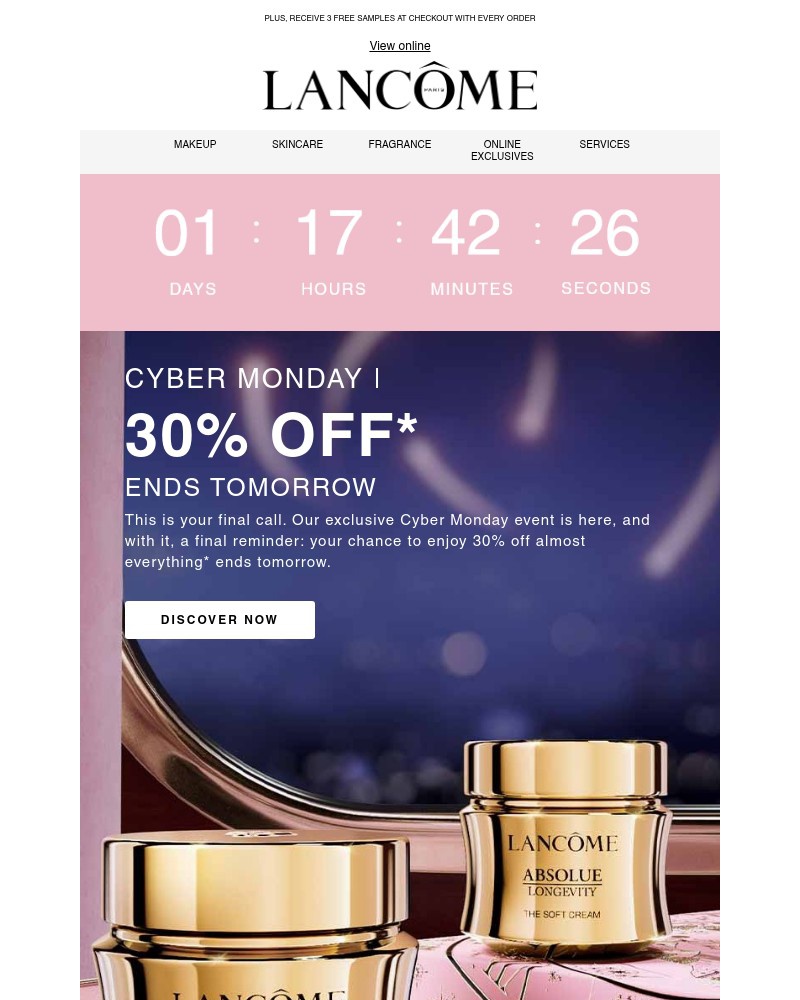 Screenshot of email with subject /media/emails/cyber-monday-30-off-free-gift-ends-tomorrow-041e3c-cropped-61db2d42.jpg