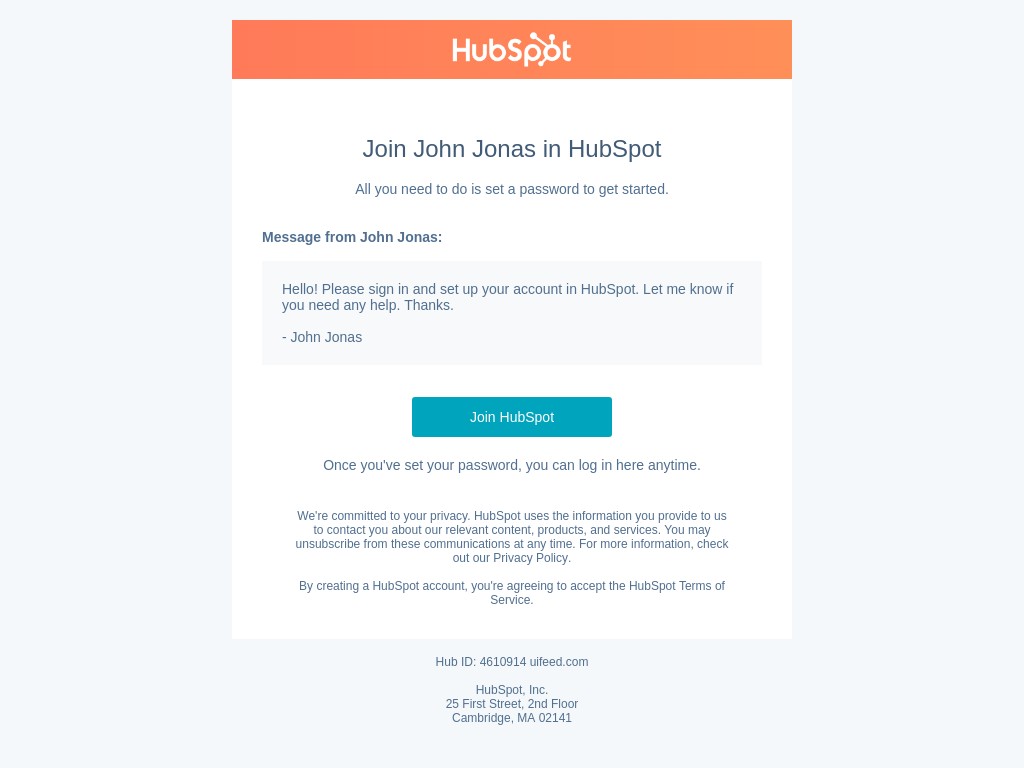 Screenshot of email sent to a HubSpot CRM Invited user