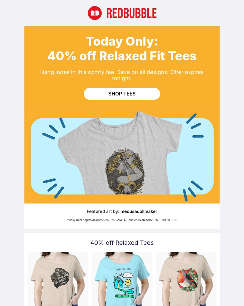 Screenshot of email sent to a Redbubble Newsletter subscriber