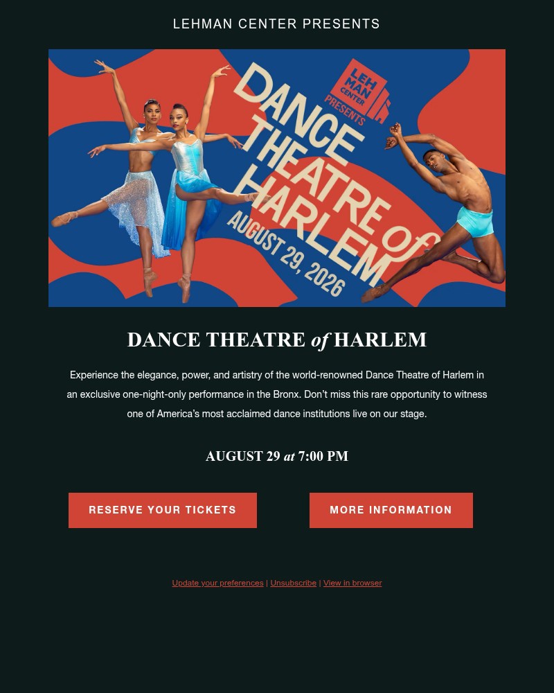 Screenshot of email sent to a Lehman Center for the Performing Arts Newsletter subscriber