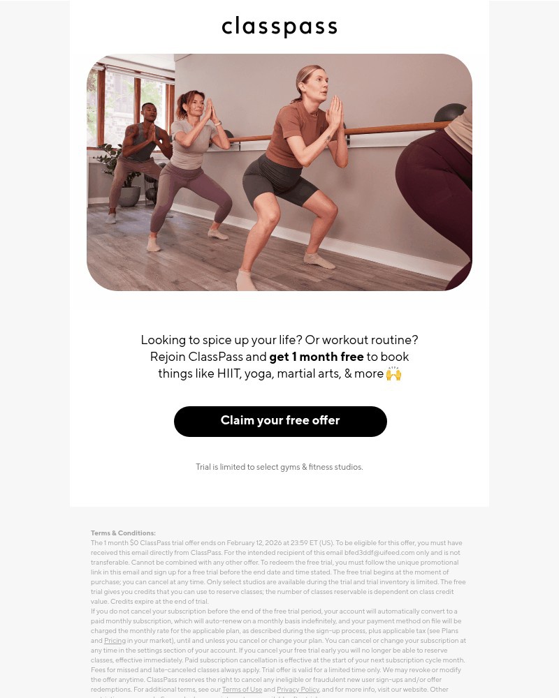 Screenshot of email sent to a ClassPass Registered user