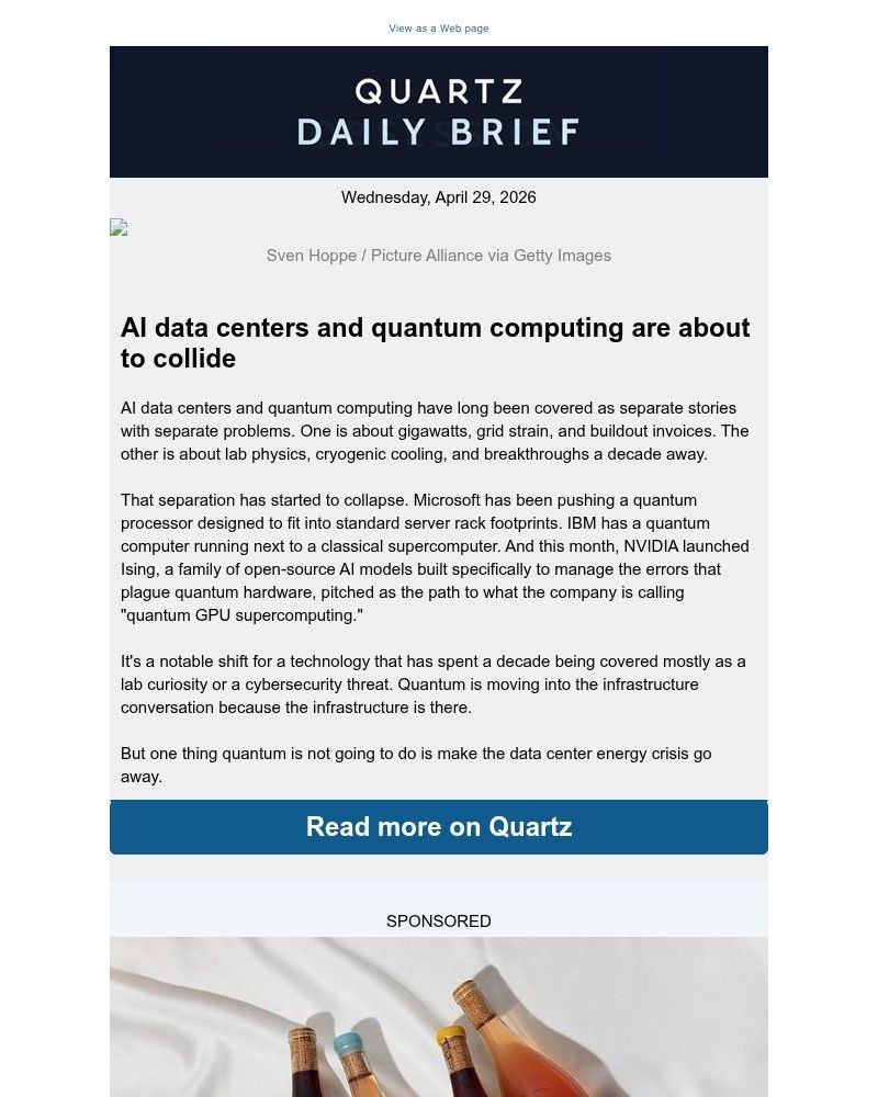 Screenshot of email sent to a Quartz Newsletter subscriber