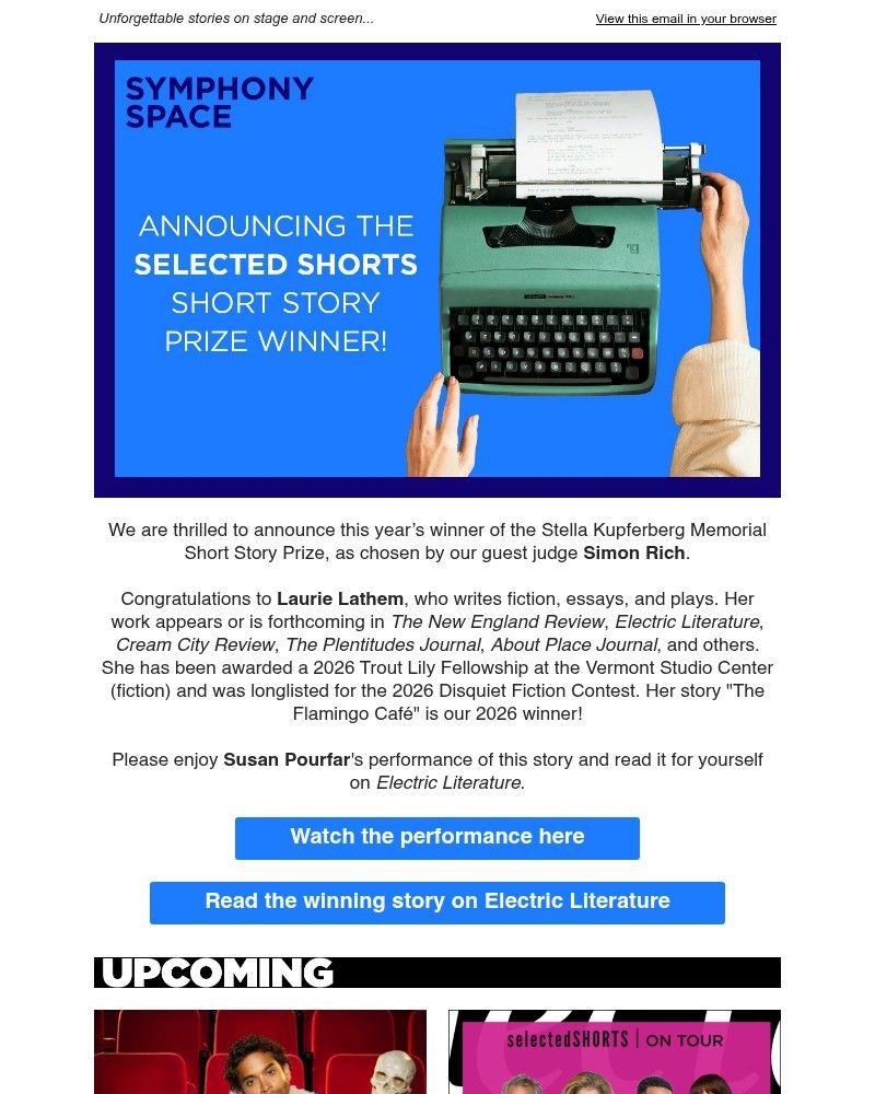 Screenshot of email sent to a Symphony Space Newsletter subscriber