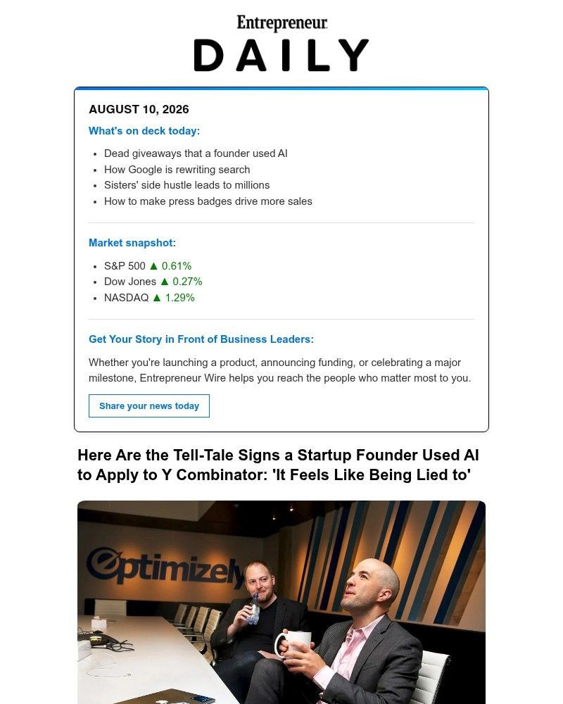 Screenshot of email sent to a Entrepreneur Newsletter subscriber