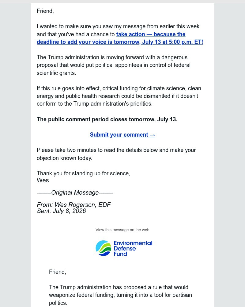 Screenshot of email sent to a Environmental Defense Fund Newsletter subscriber