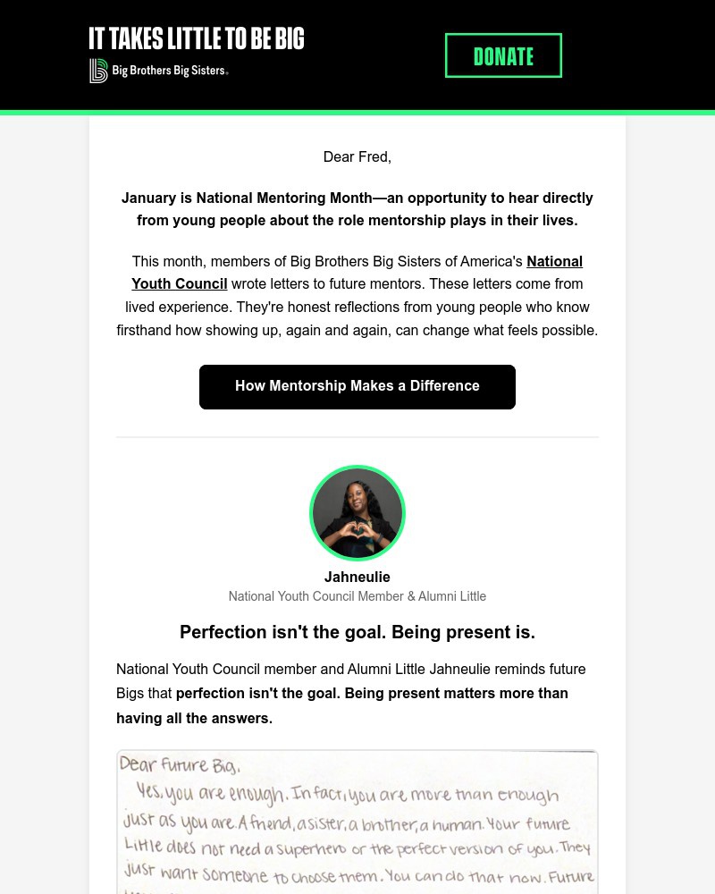 Screenshot of email sent to a Big Brothers Big Sisters of America Newsletter subscriber