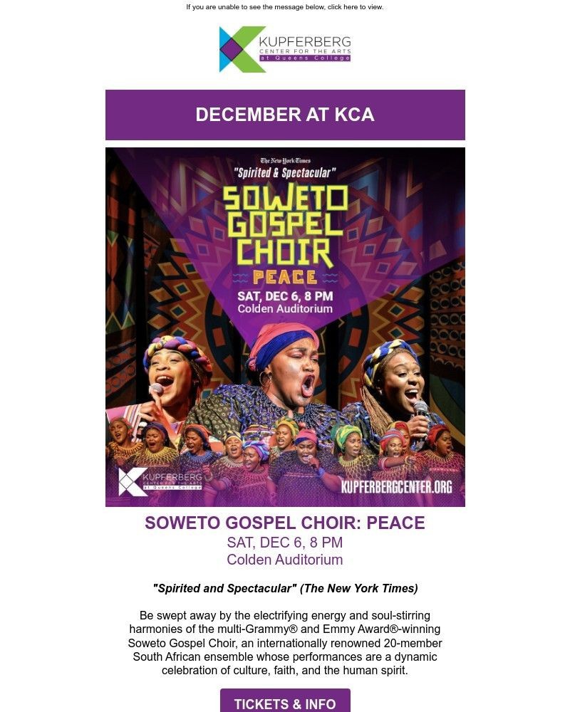 Screenshot of email sent to a Kupferberg Center Newsletter subscriber