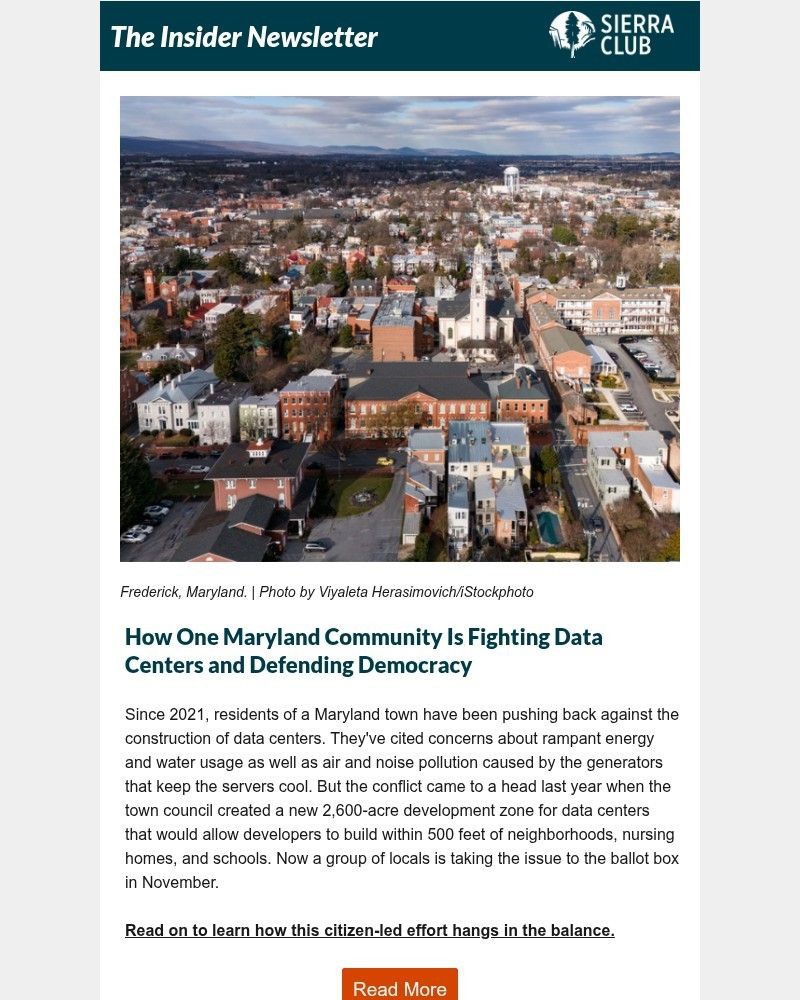 Screenshot of email sent to a Sierra Club Newsletter subscriber