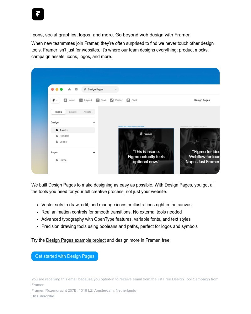 Screenshot of email sent to a Framer Registered user