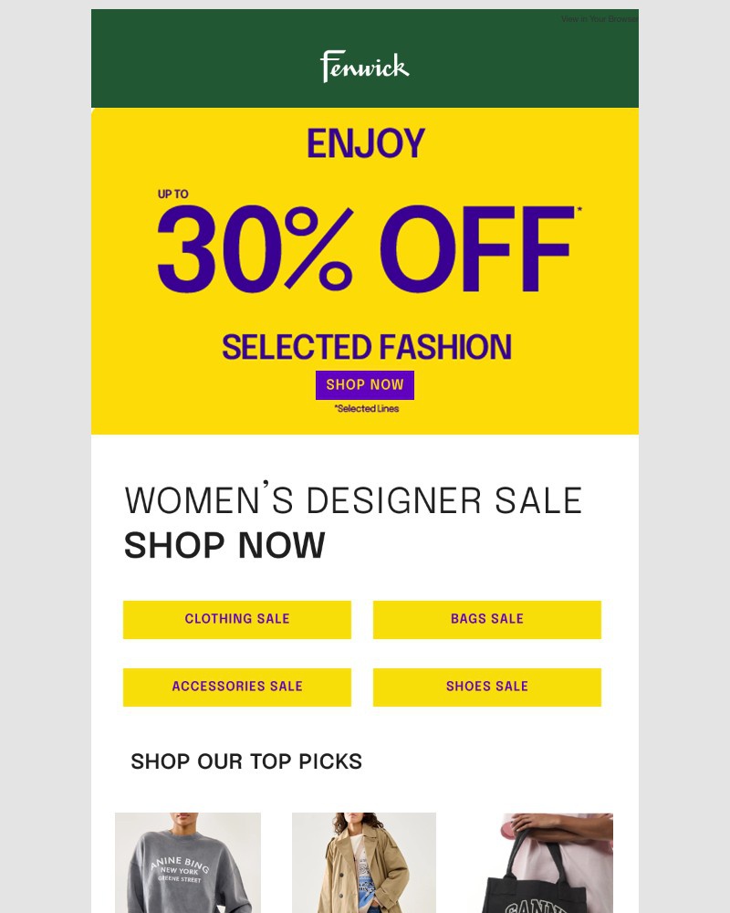 Screenshot of email sent to a Fenwick Newsletter subscriber