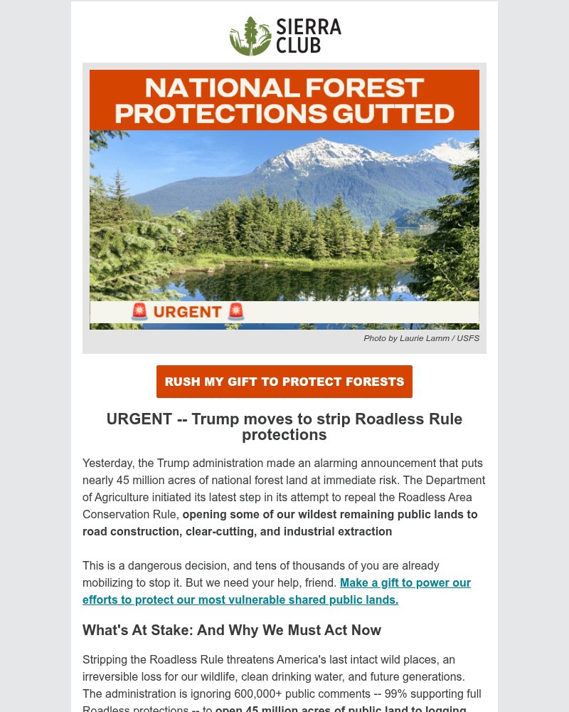 Screenshot of email sent to a Sierra Club Newsletter subscriber
