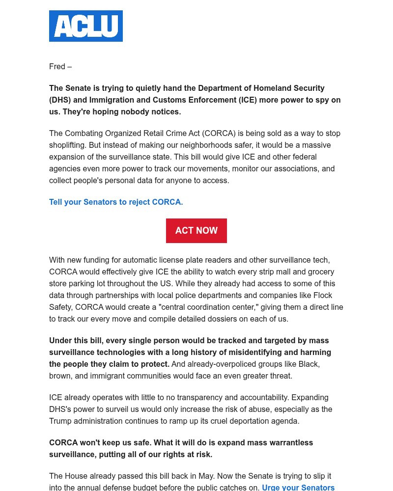 Screenshot of email sent to a American Civil Liberties Union Newsletter subscriber