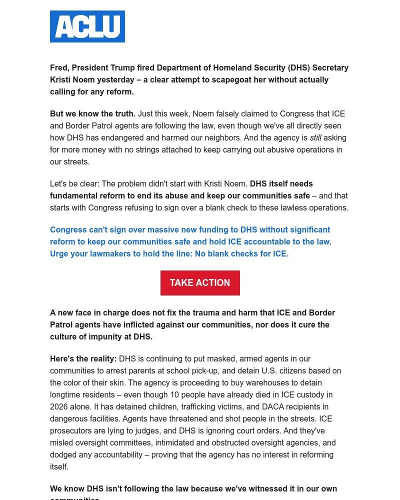 Screenshot of email sent to a American Civil Liberties Union Newsletter subscriber