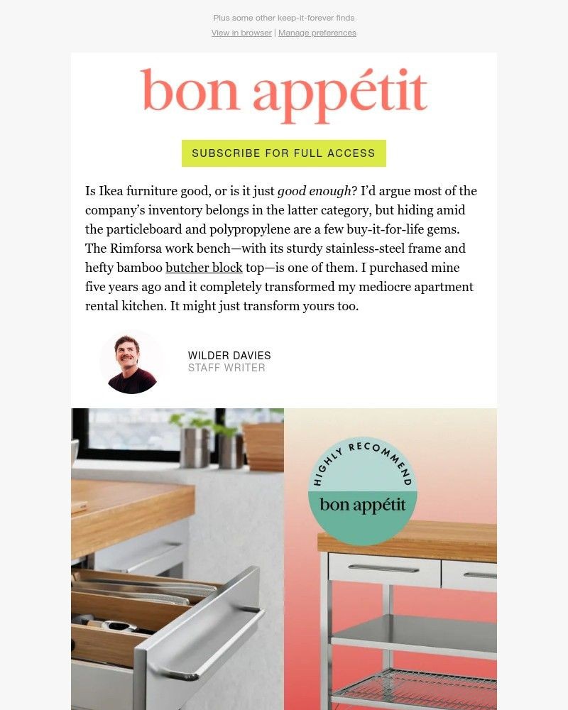 Screenshot of email sent to a Bon Appétit Newsletter subscriber