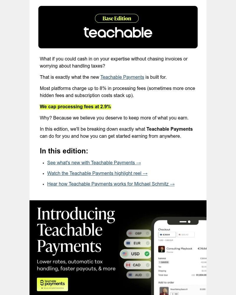 Screenshot of email sent to a Teachable Registered user