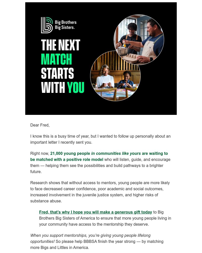 Screenshot of email sent to a Big Brothers Big Sisters of America Newsletter subscriber