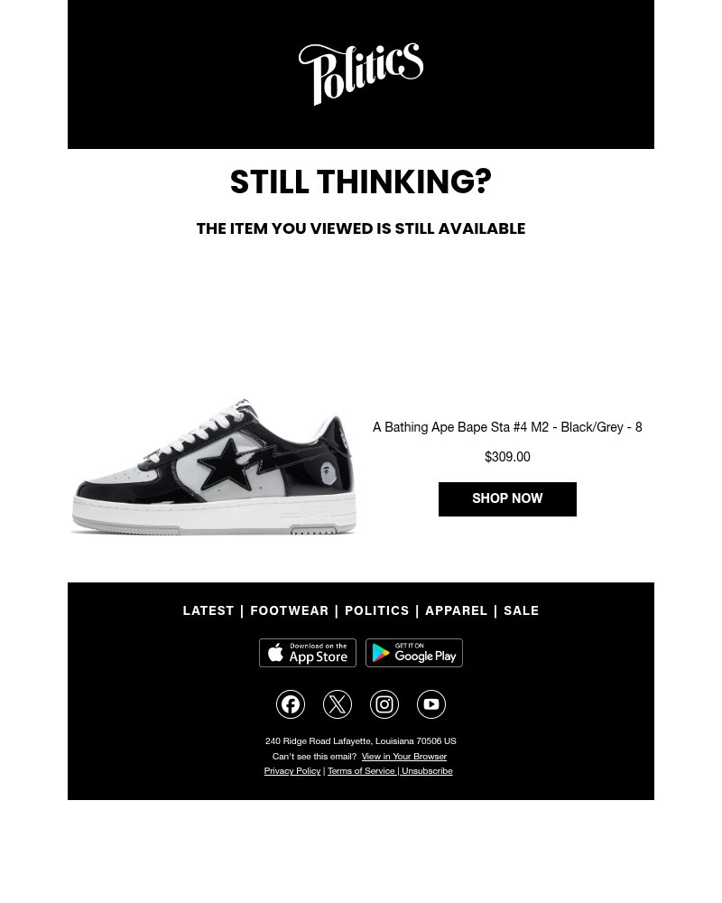 Screenshot of email sent to a Sneaker Politics Newsletter subscriber