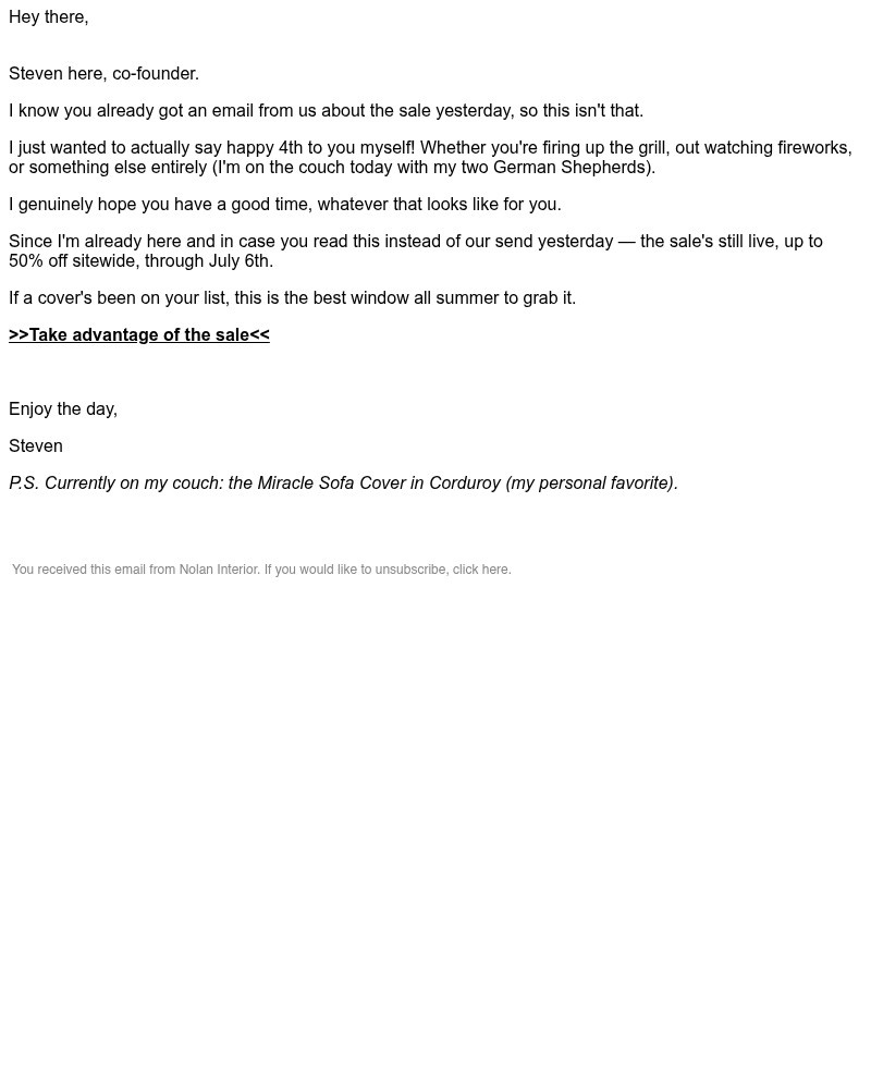 Screenshot of email sent to a Nolan Interior Newsletter subscriber