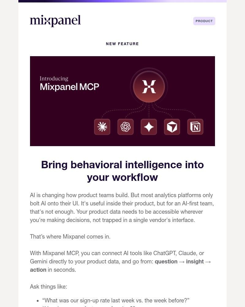 Screenshot of email sent to a Mixpanel Registered user