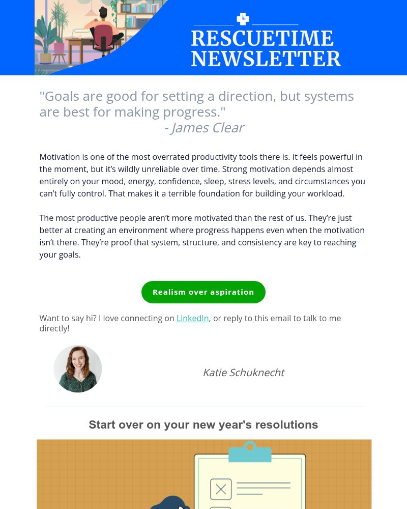 Screenshot of email sent to a RescueTime Newsletter subscriber