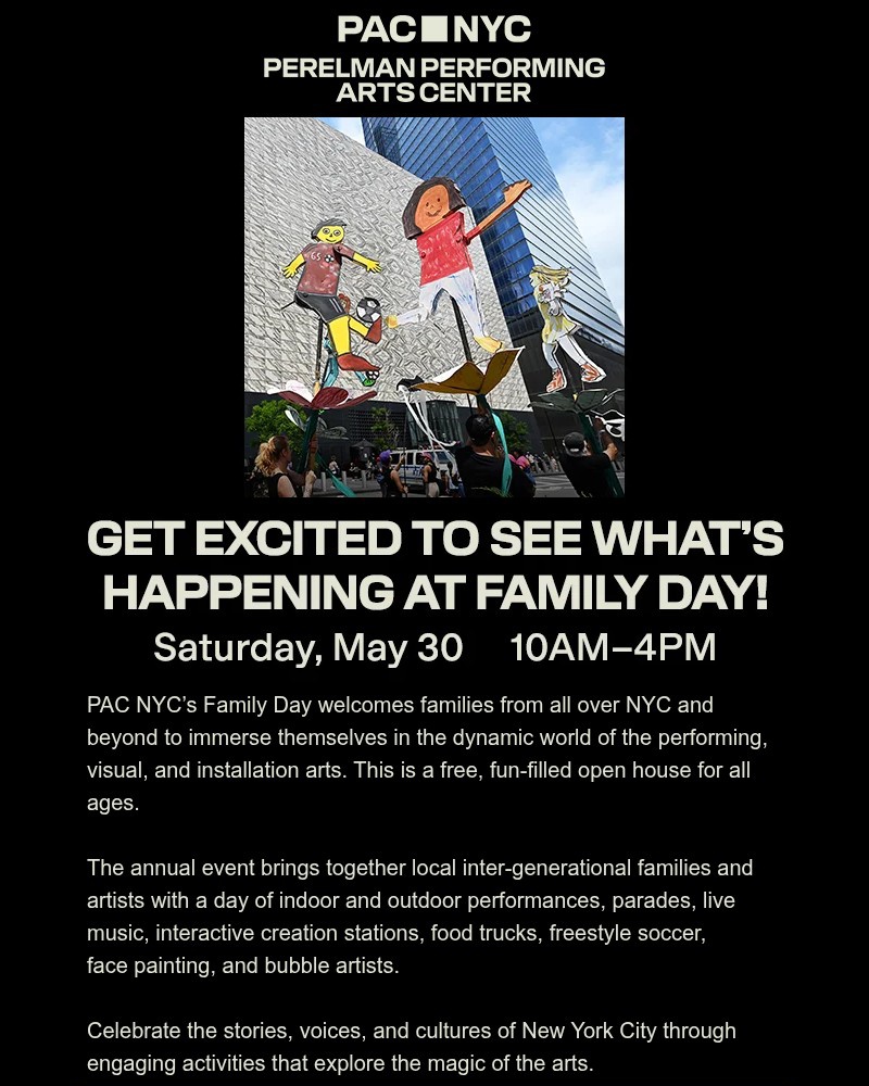 Screenshot of email sent to a Perelman Performing Arts Center (PAC NYC) Newsletter subscriber