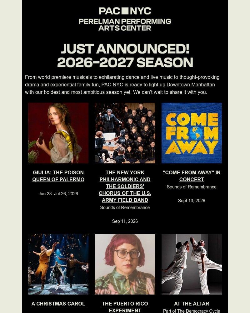 Screenshot of email sent to a Perelman Performing Arts Center (PAC NYC) Newsletter subscriber