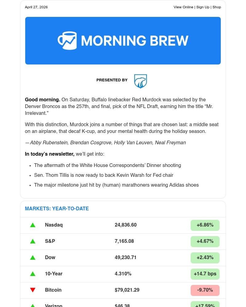 Screenshot of email sent to a Morning Brew Newsletter subscriber