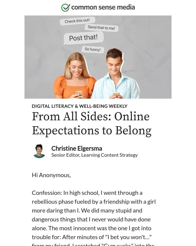 Screenshot of email sent to a Common Sense Newsletter subscriber