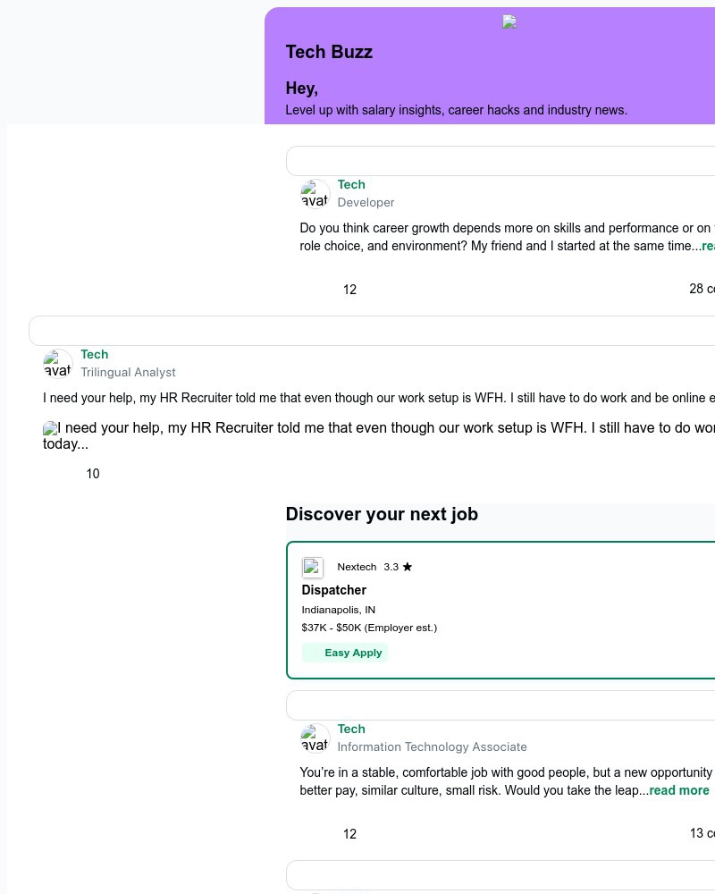 Screenshot of email sent to a Glassdoor Registered user