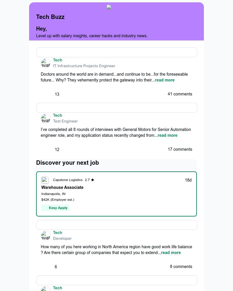 Screenshot of email sent to a Glassdoor Registered user