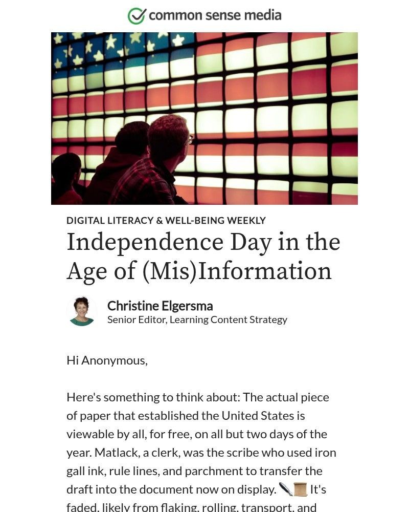 Screenshot of email sent to a Common Sense Newsletter subscriber
