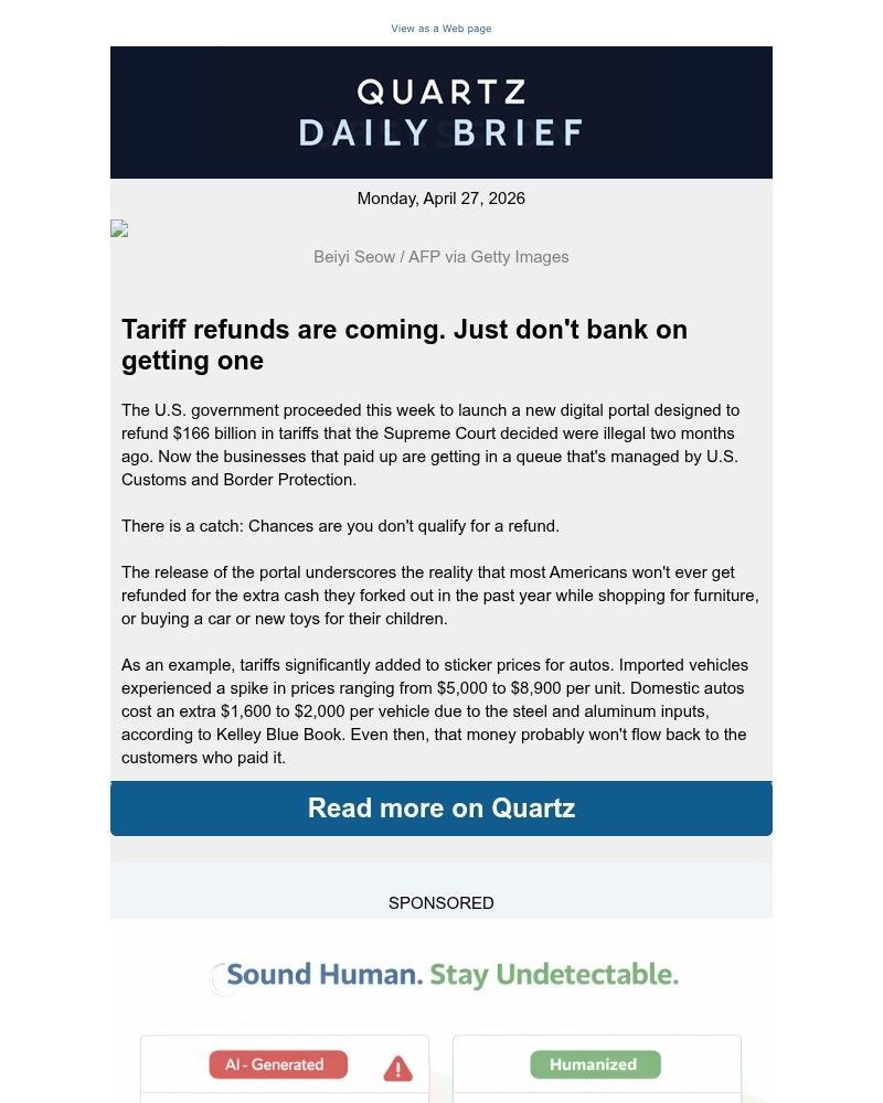 Screenshot of email sent to a Quartz Newsletter subscriber