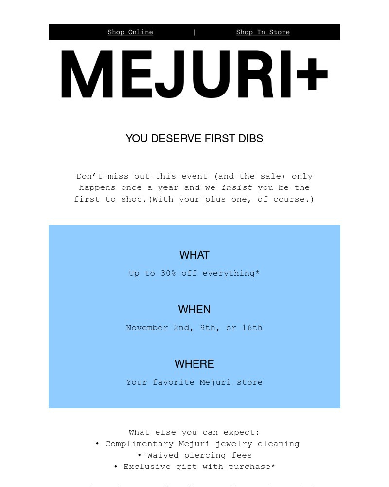 Screenshot of email sent to a Mejuri Registered user