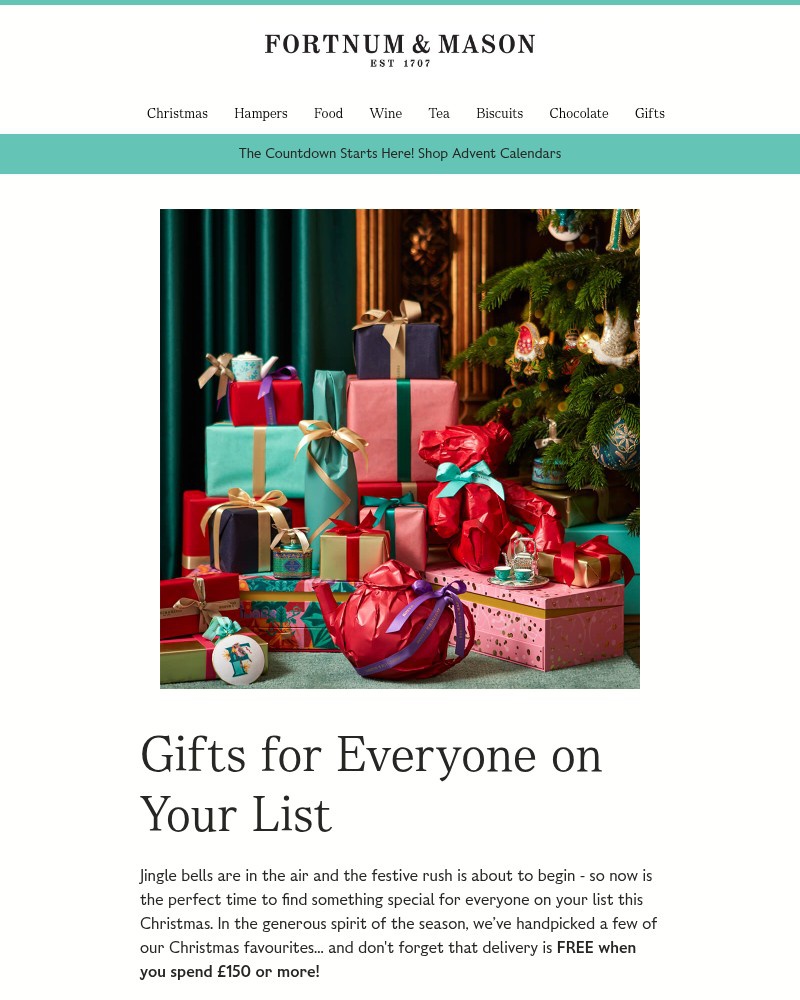 Screenshot of email sent to a Fortnum & Mason Newsletter subscriber