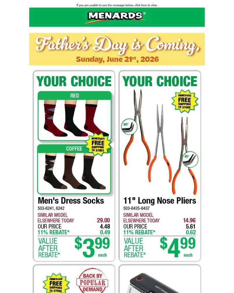 Screenshot of email sent to a Menards Newsletter subscriber